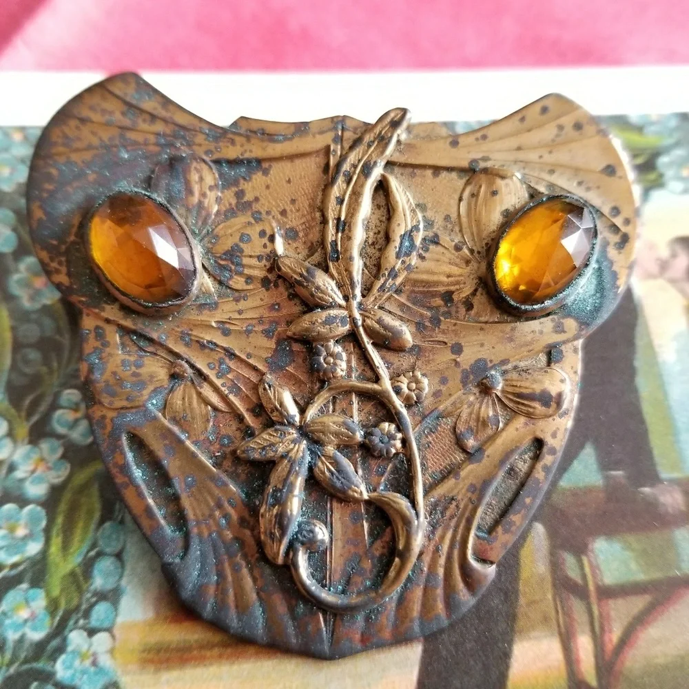 Relisted -Vintage Art Nouveau brooch large yellow gem gold sash pin - Picture 3 of 7